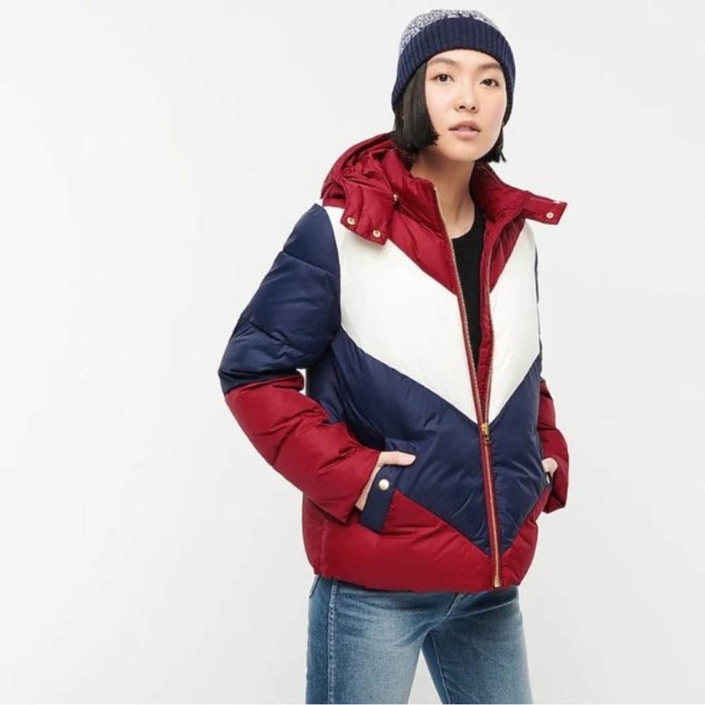 J. Crew Colorblock Chevron Retro Hooded Puffer Jacket  XS